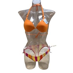 Recco Size Small Brazilian Orange Bikini Top & Bright Striped Bikini Bottom. New